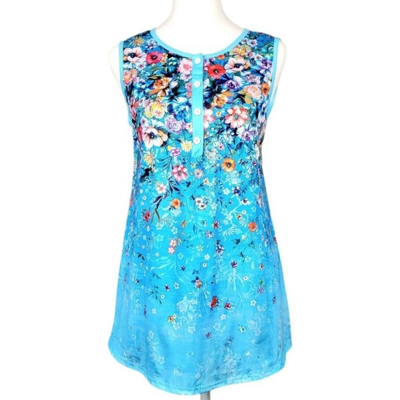 Women's XXL Blue Tropical Tank Top - Chic Half-Placket Design Lightweight Style - Picture 1 of 12